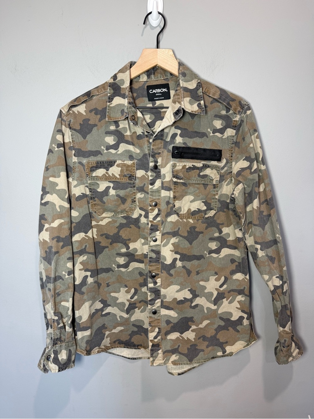 Camo‎ Utility Button Down Shirt Jacket Zip Hem Military Grunge Small - Carbon